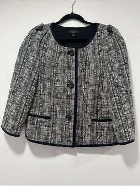 Talbots Black and White Tweed Collarless Blazer 004